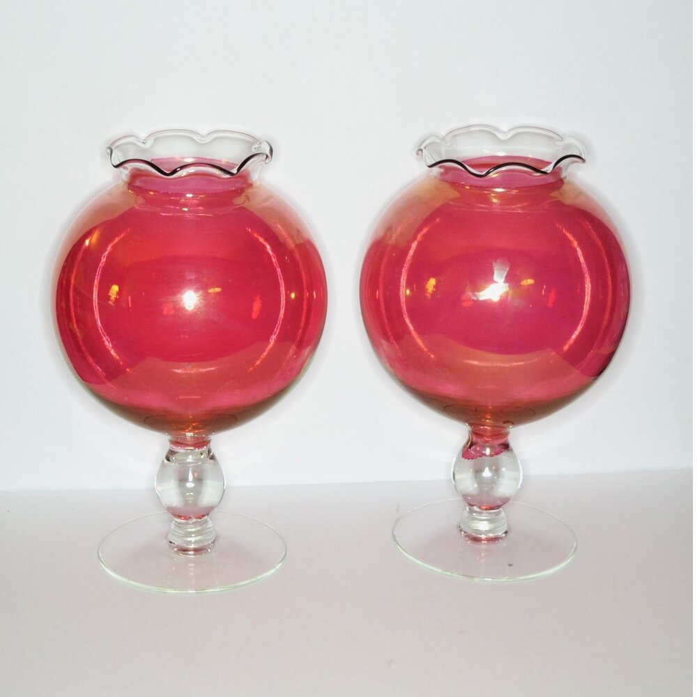 Set Of 2 Vintage Footed Rose Bowls Cranberry Pink Top Ruffled Rims Clear Base